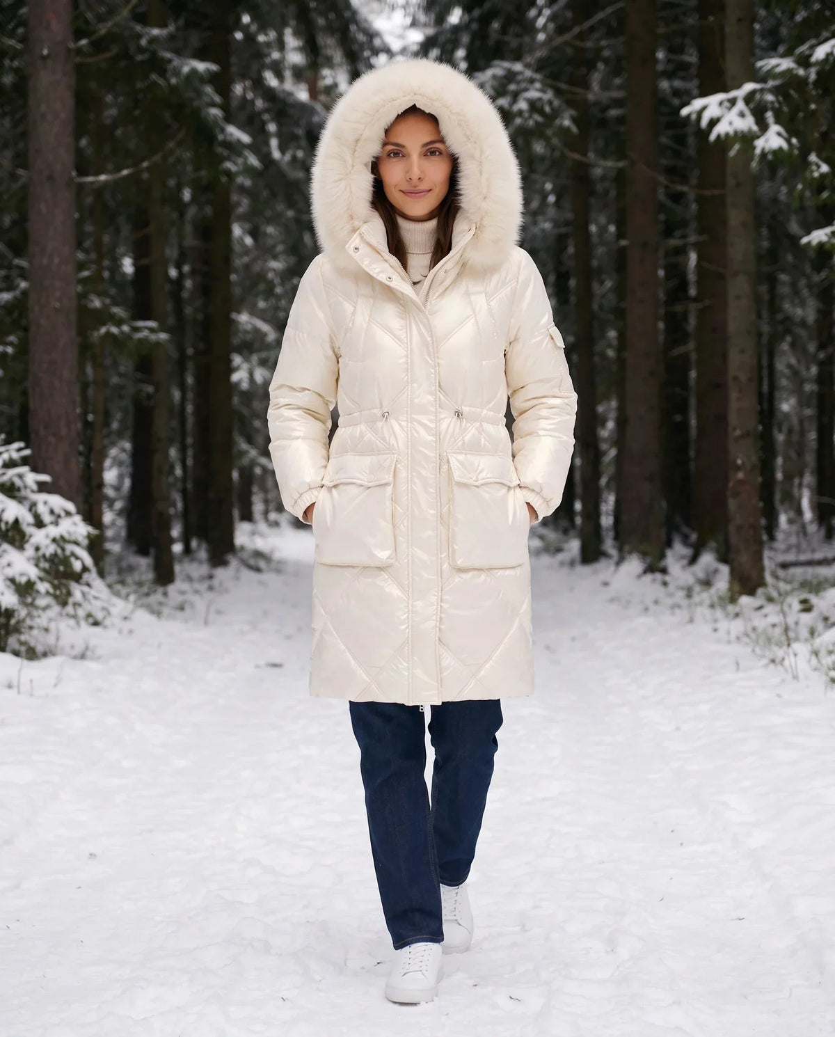 Shiny Mid-Length Parka with Faux Fur Hood
