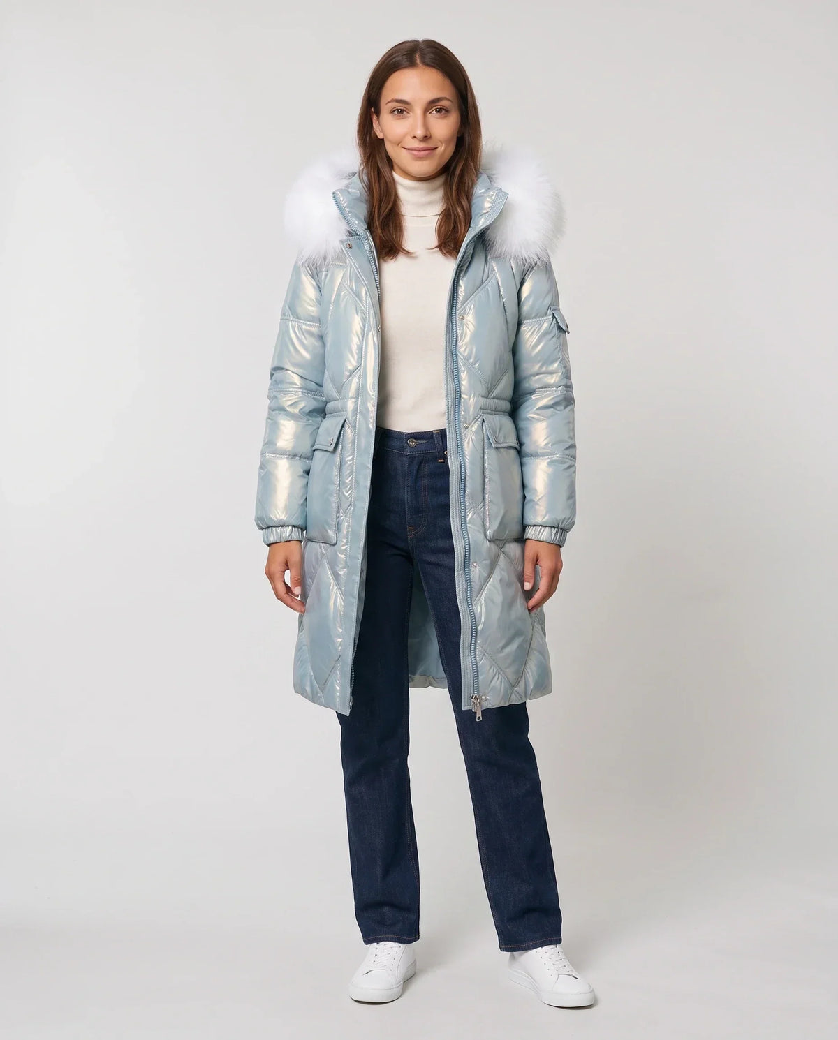 Shiny Mid-Length Parka with Faux Fur Hood