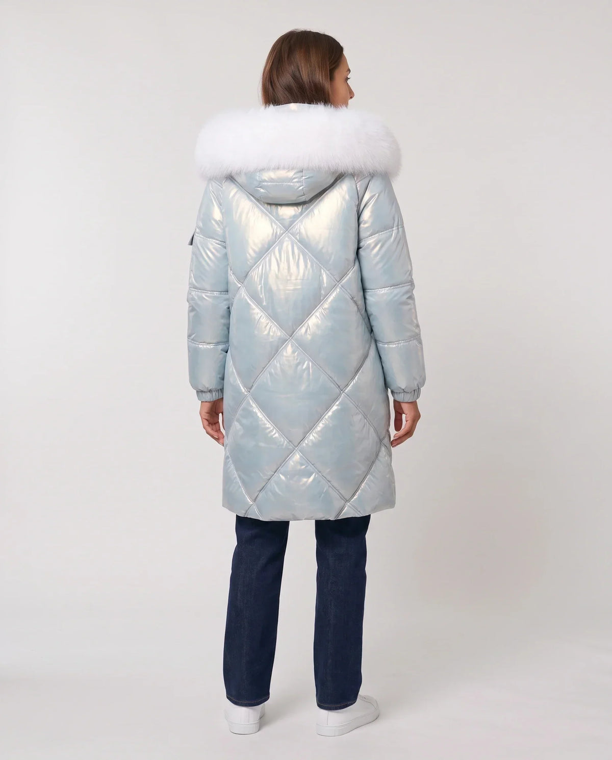 Shiny Mid-Length Parka with Faux Fur Hood