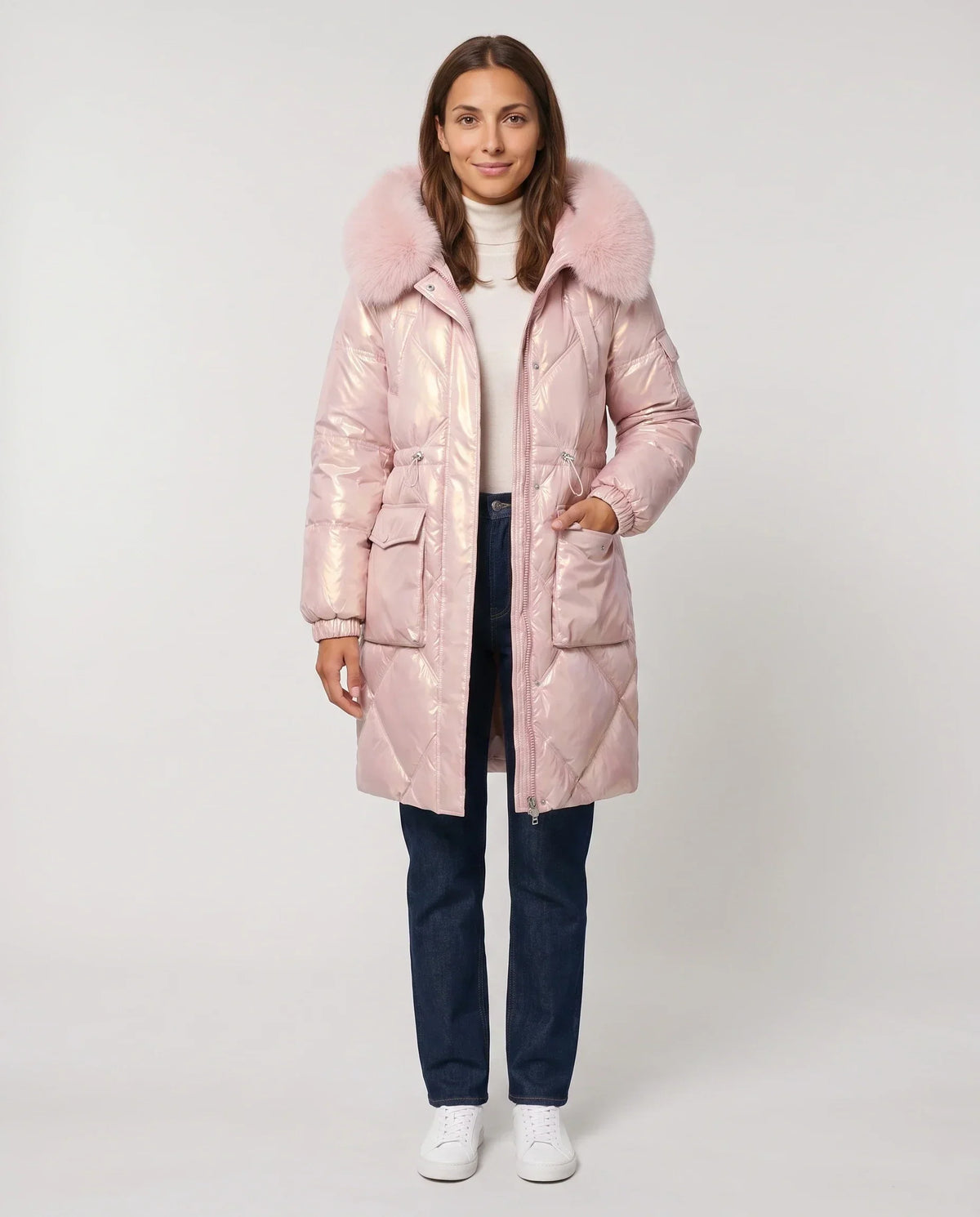 Shiny Mid-Length Parka with Faux Fur Hood