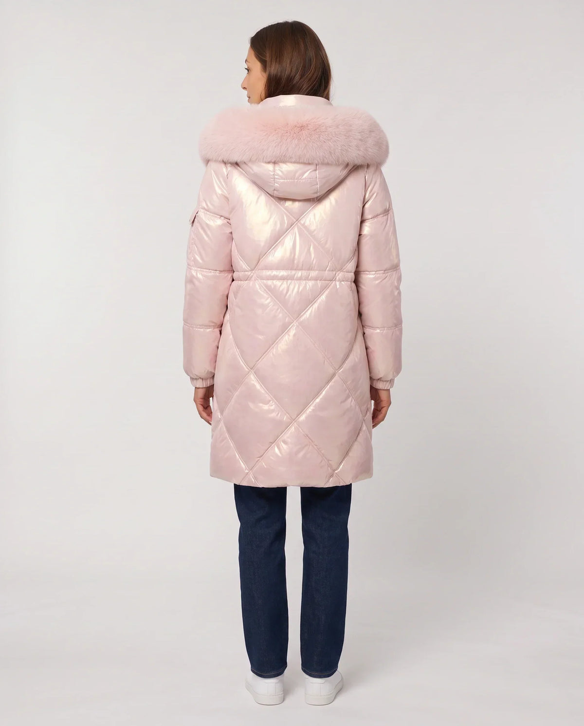 Shiny Mid-Length Parka with Faux Fur Hood