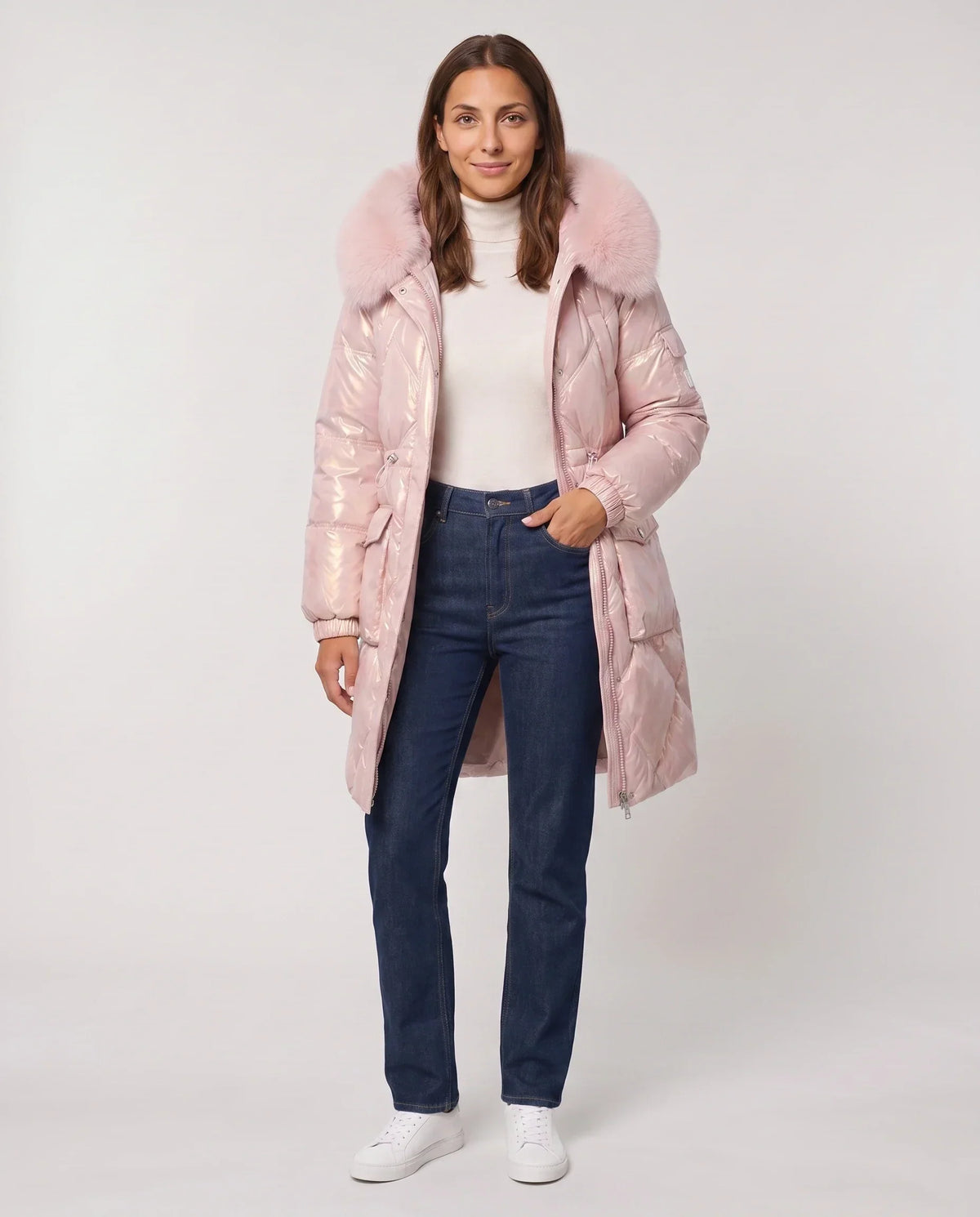 Shiny Mid-Length Parka with Faux Fur Hood