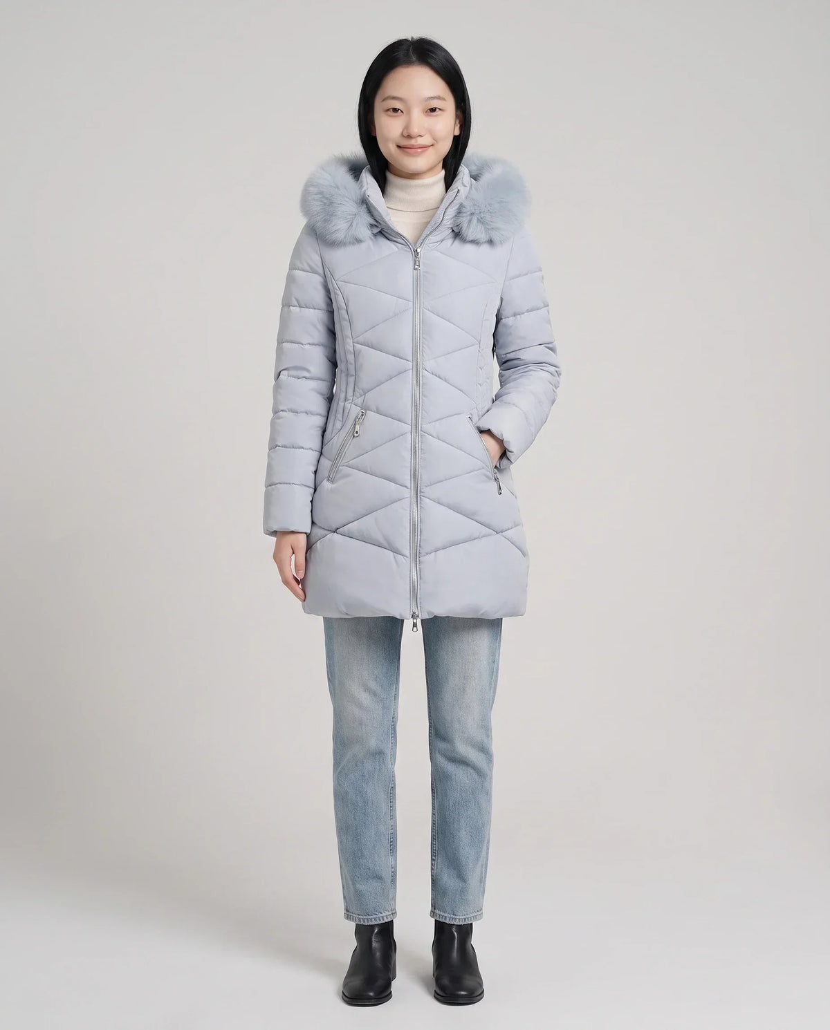Fitted Mid-Length Parka with Faux Fur Hood