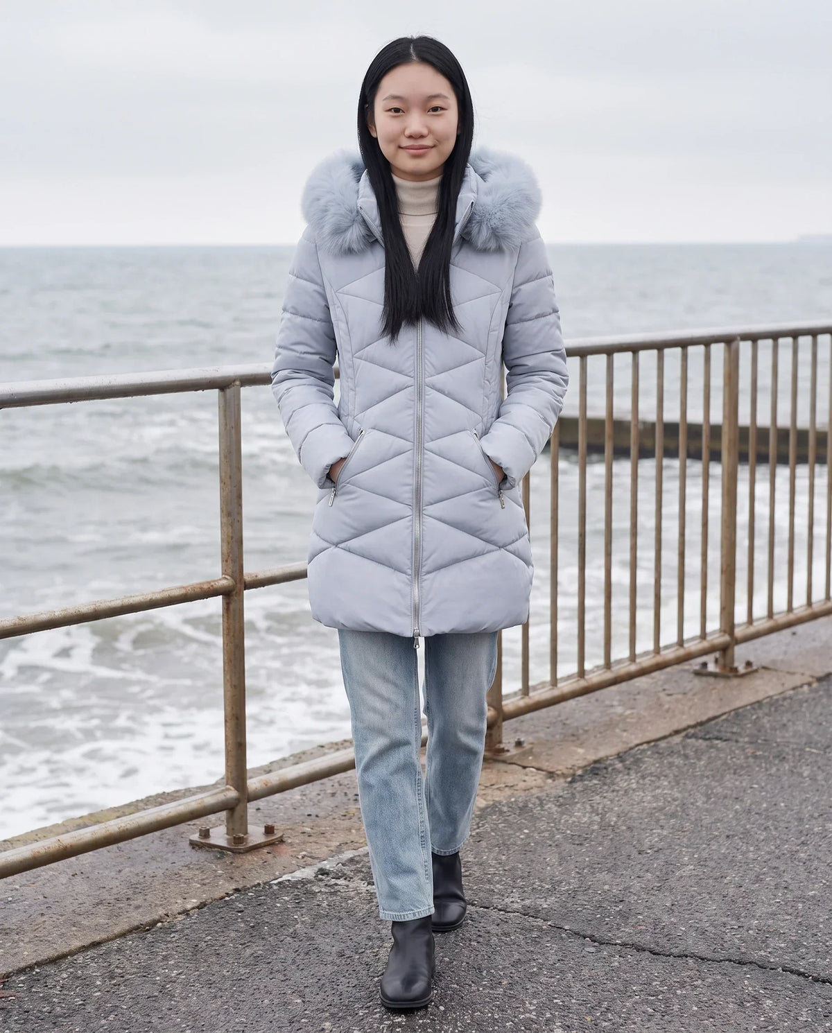 Fitted Mid-Length Parka with Faux Fur Hood
