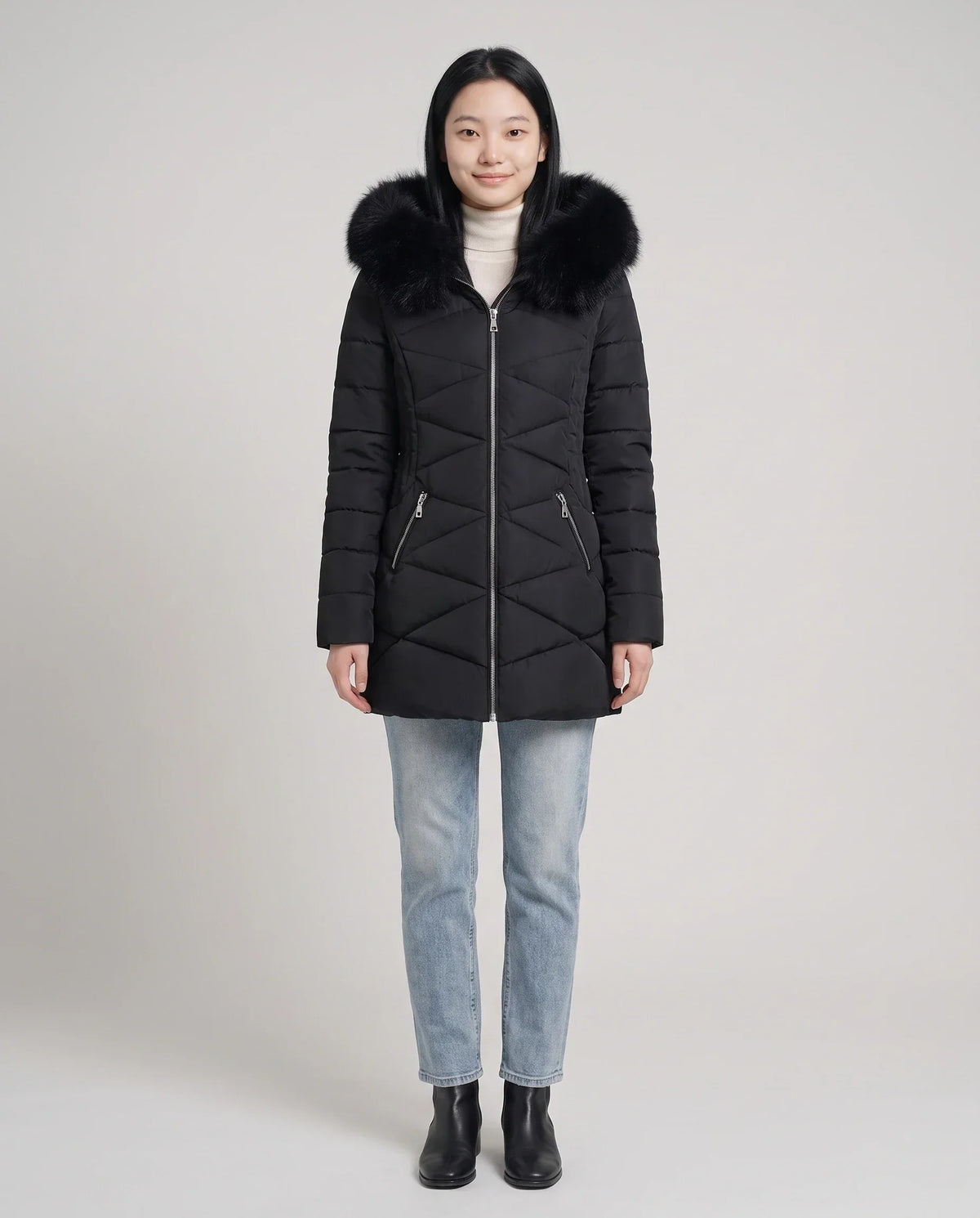 Fitted Mid-Length Parka with Faux Fur Hood