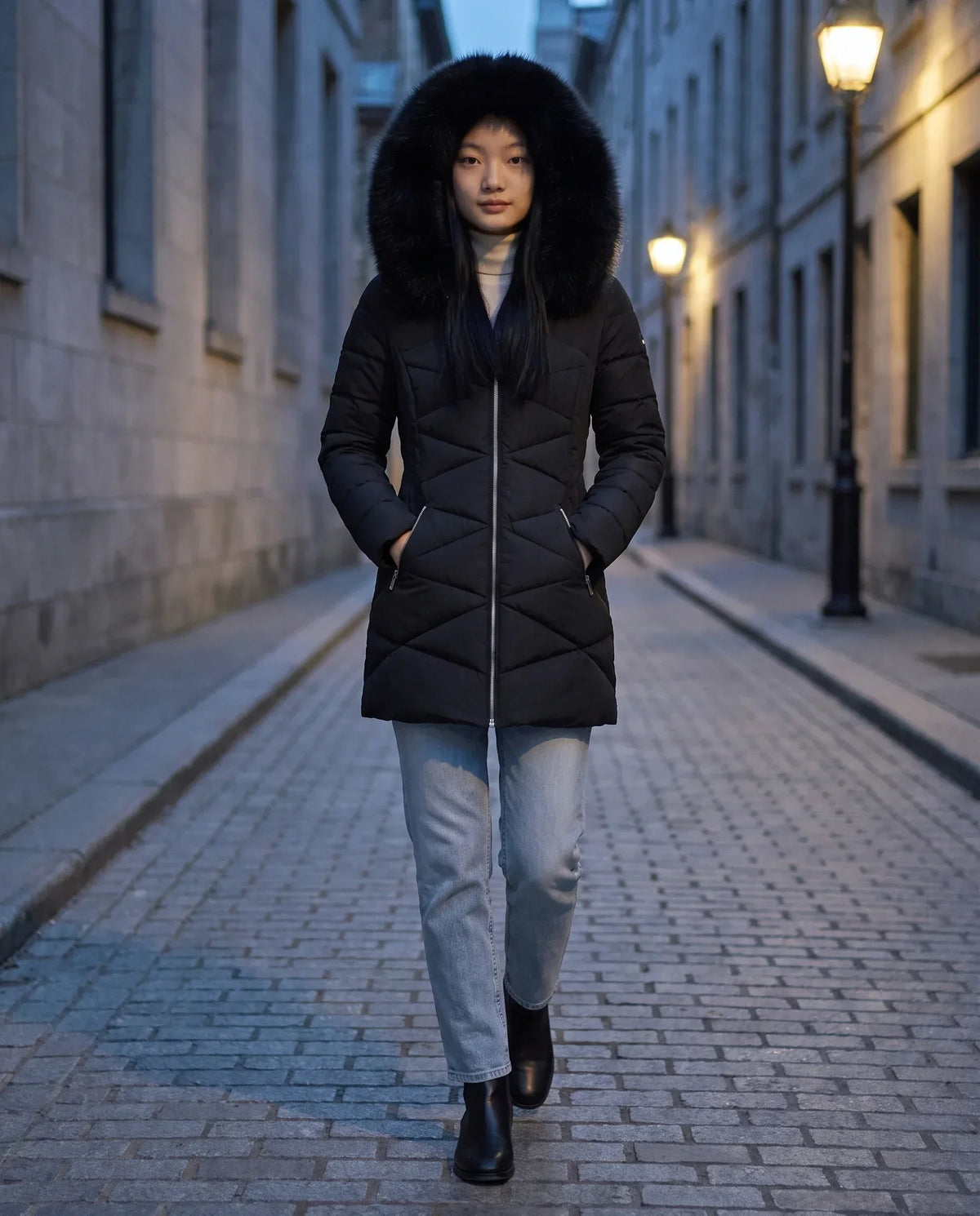 Fitted Mid-Length Parka with Faux Fur Hood