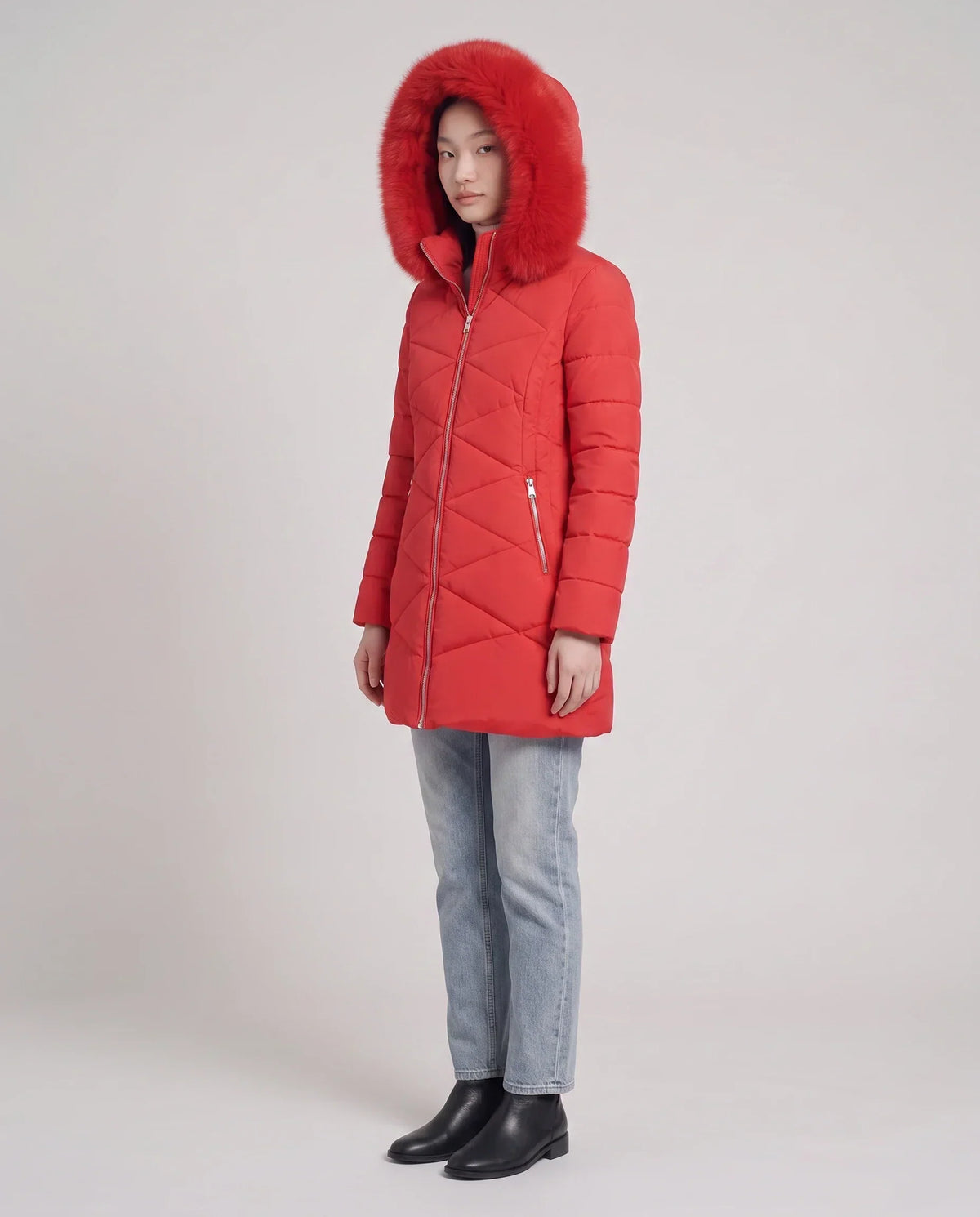 Fitted Mid-Length Parka with Faux Fur Hood