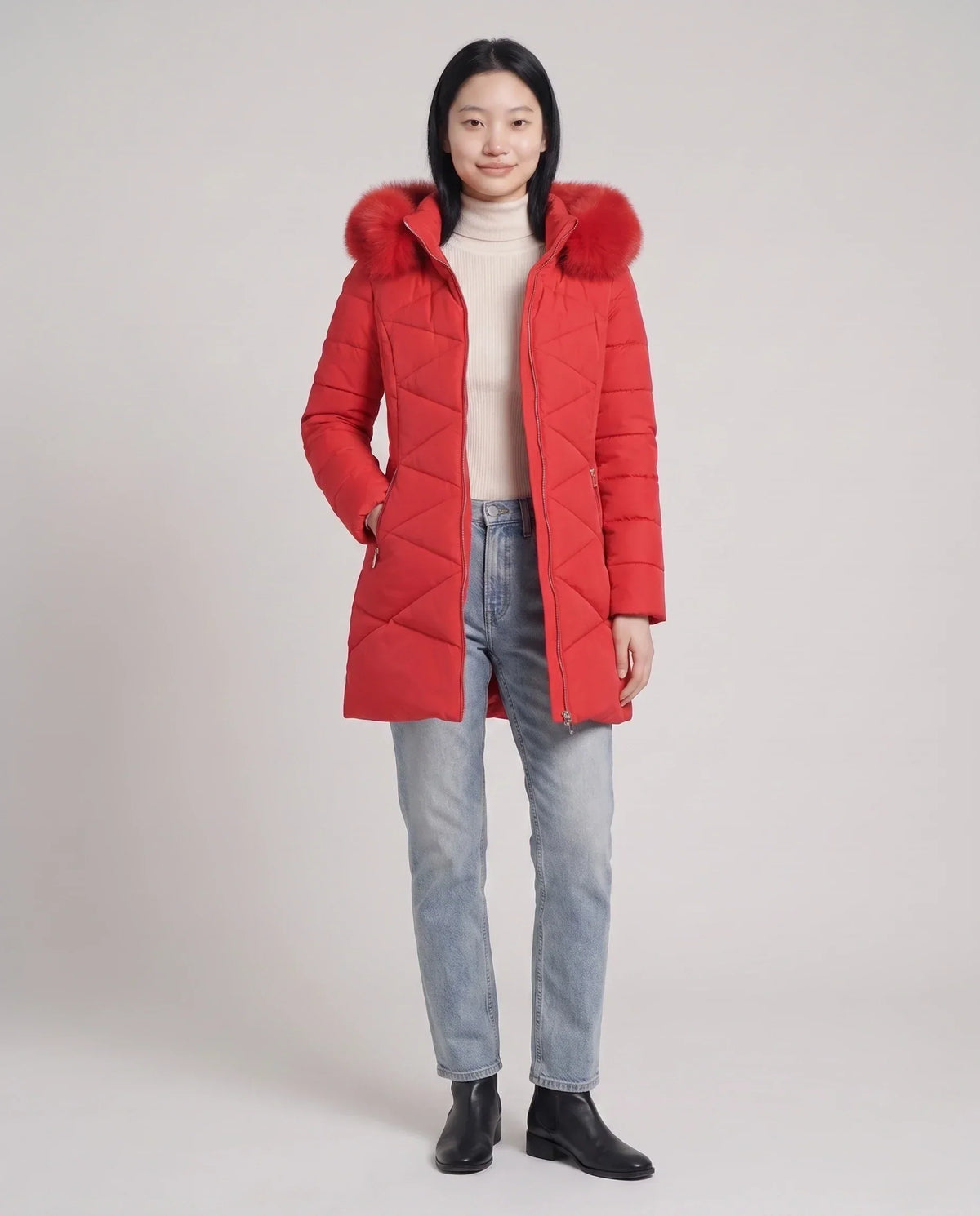 Fitted Mid-Length Parka with Faux Fur Hood