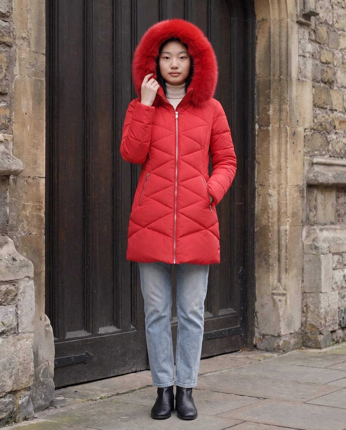 Fitted Mid-Length Parka with Faux Fur Hood