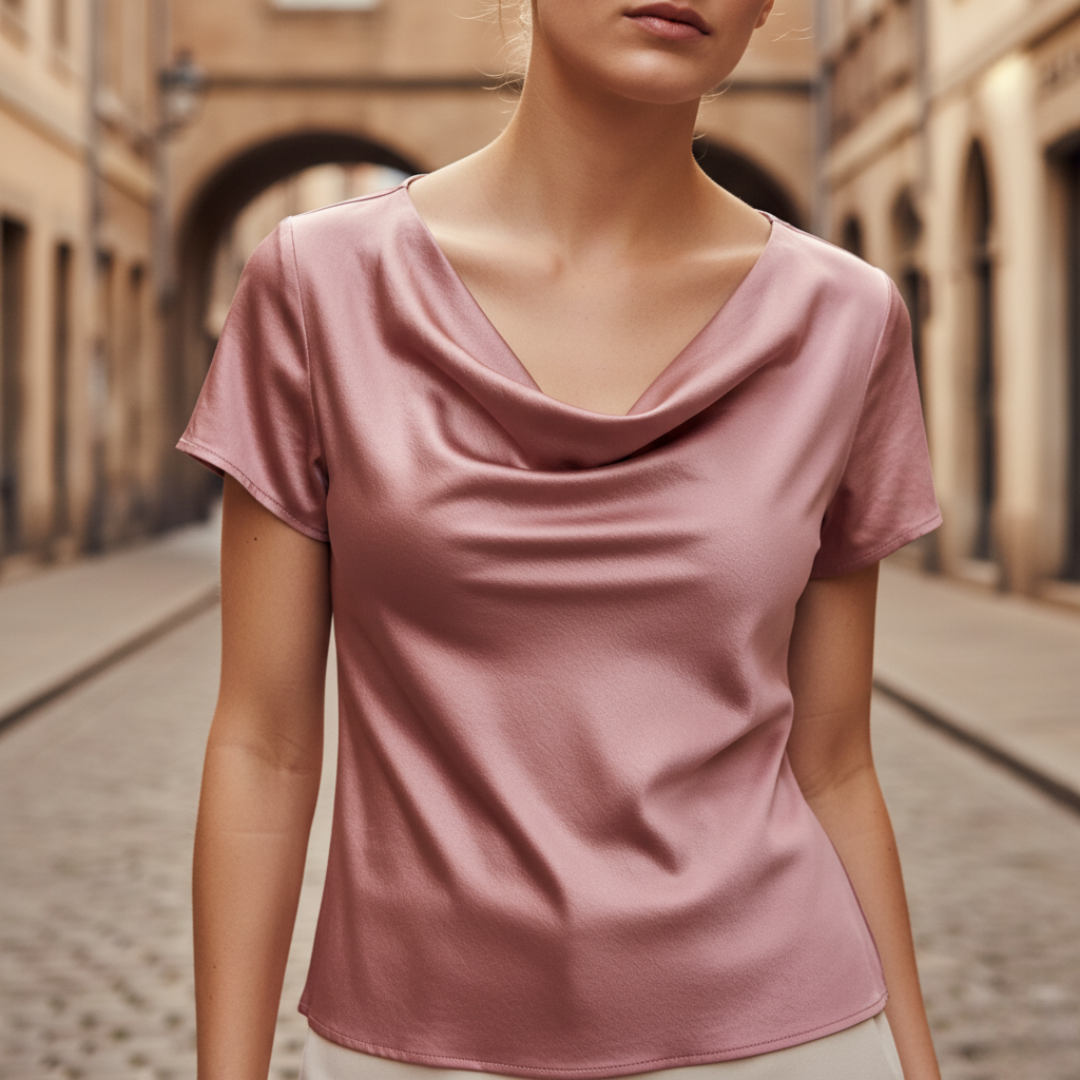 Women's Satin Blouse with Short Sleeves and Cowl Neck