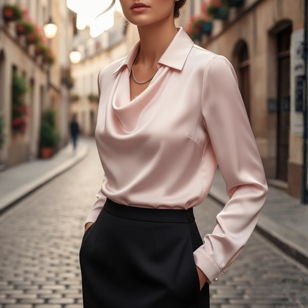 Women's Satin Shirt with Cowl Neck and Long Sleeves