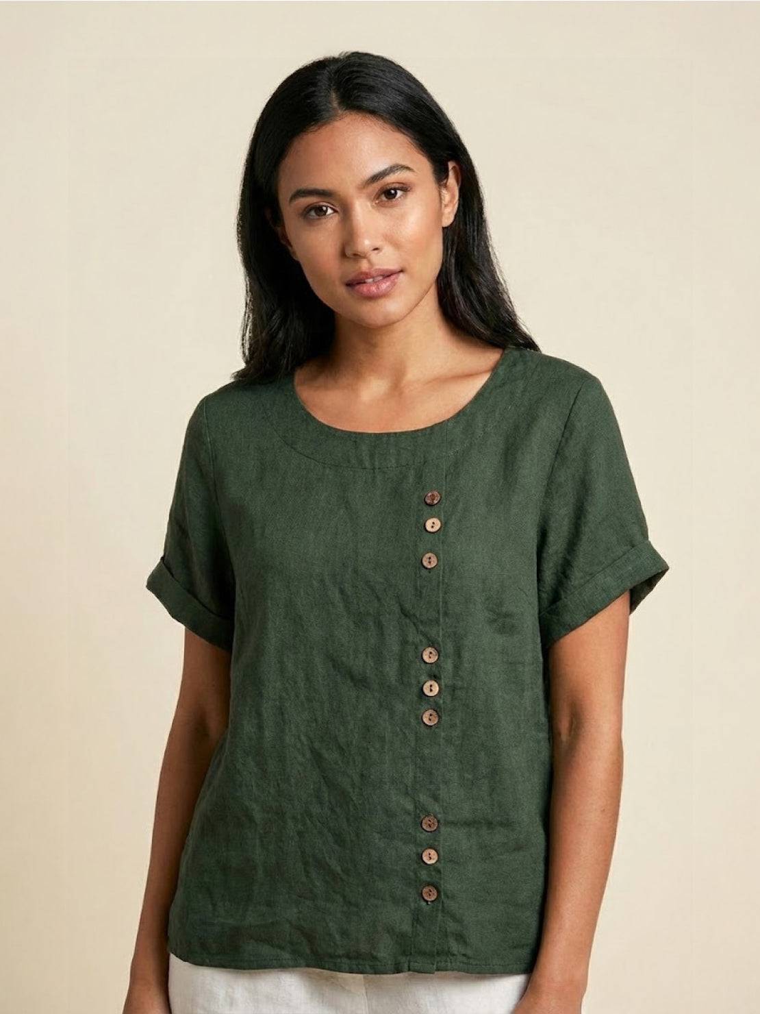 Foreen | Women's Casual Scoop Neck Button Detail Short Sleeve Top