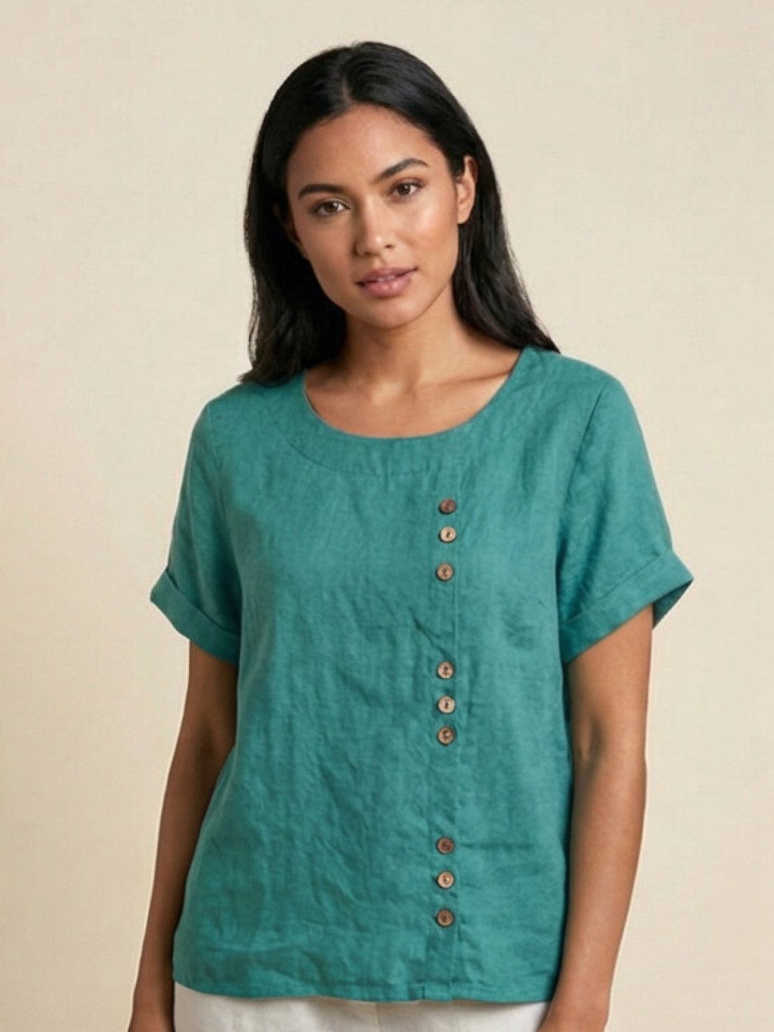 Foreen | Women's Casual Scoop Neck Button Detail Short Sleeve Top