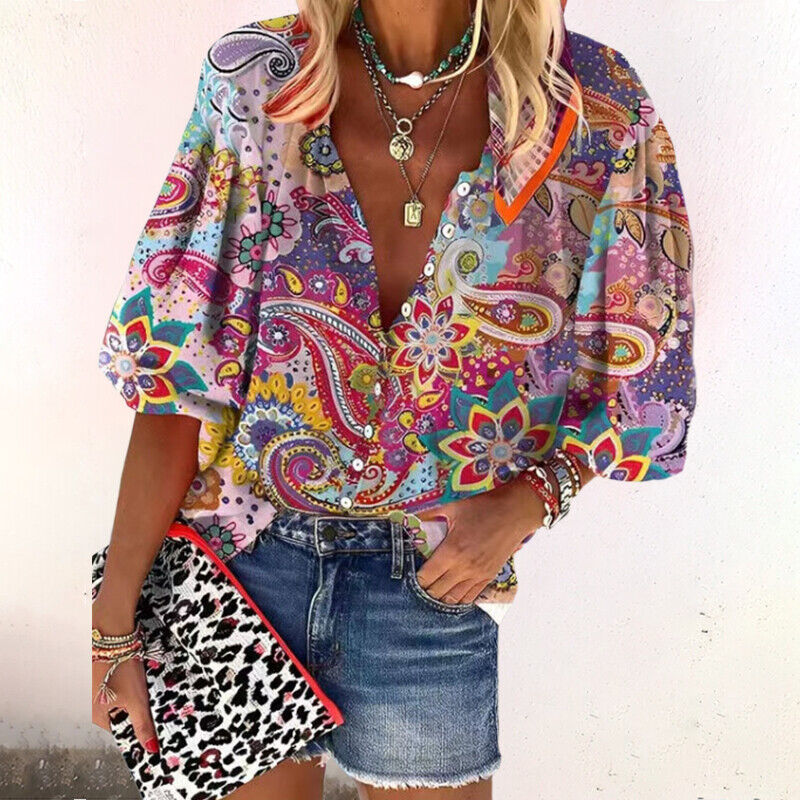 Women's Summer Blouse with Print, Buttons, and Three-Quarter Sleeves