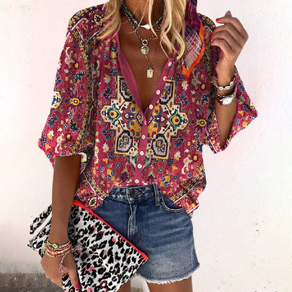 Women's Summer Blouse with Print, Buttons, and Three-Quarter Sleeves