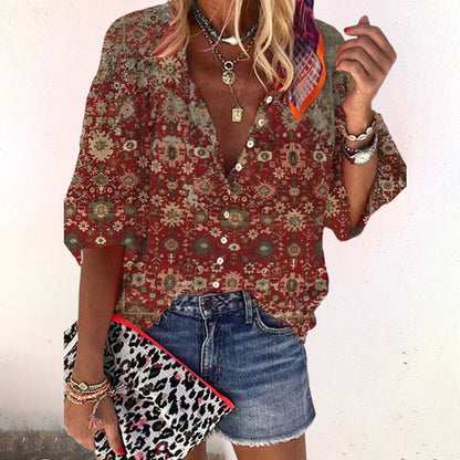 Women's Summer Blouse with Print, Buttons, and Three-Quarter Sleeves