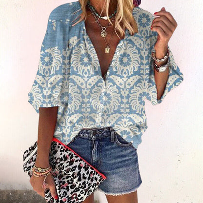 Women's Summer Blouse with Print, Buttons, and Three-Quarter Sleeves
