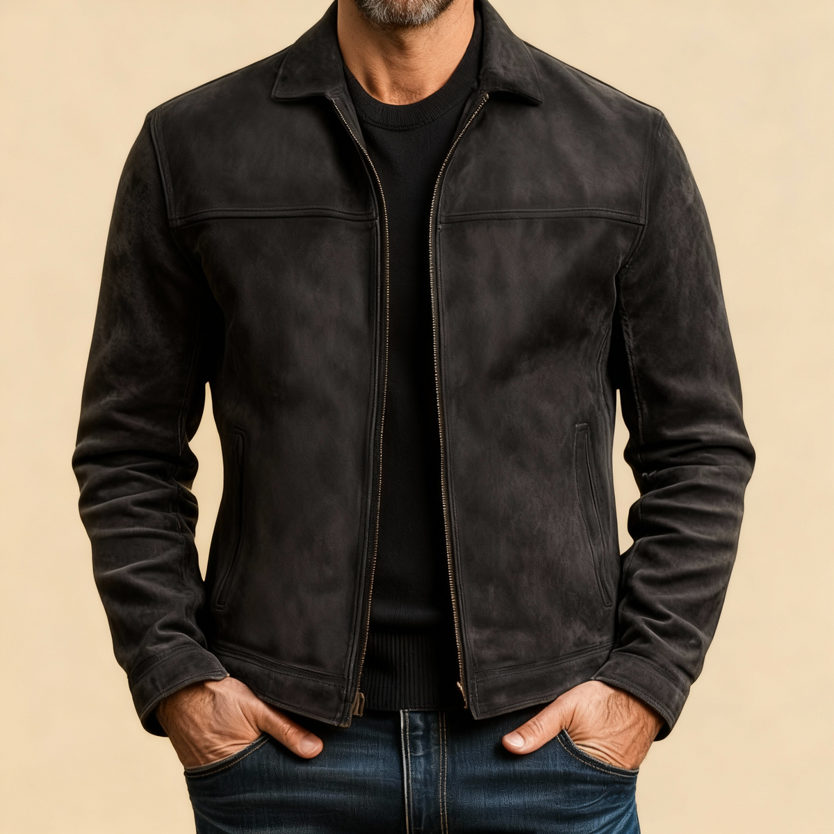 Men's Faux-Suede Collared Jacket, Zip-Front Hip-Length Shell