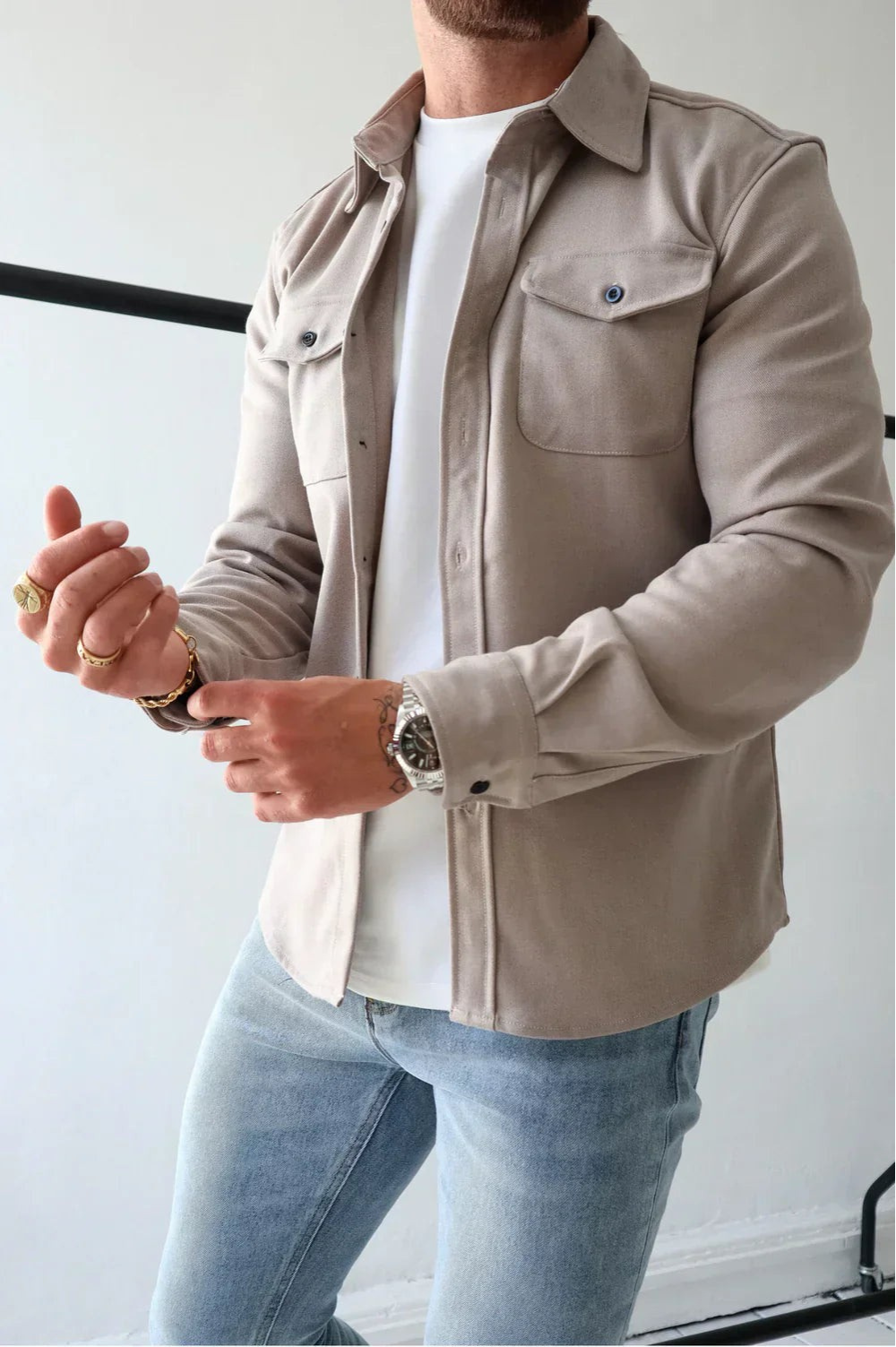 Men's Brushed Woven Overshirt, Two-Pocket Button-Front Shirt Jacket