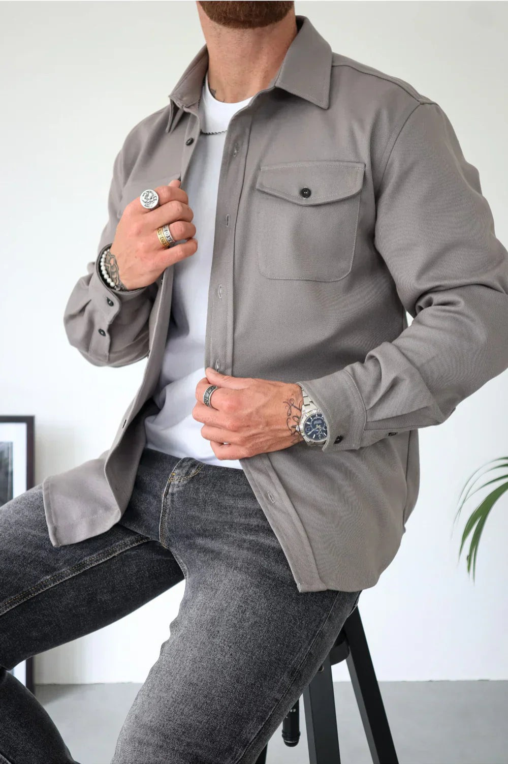 Men's Brushed Woven Overshirt, Two-Pocket Button-Front Shirt Jacket
