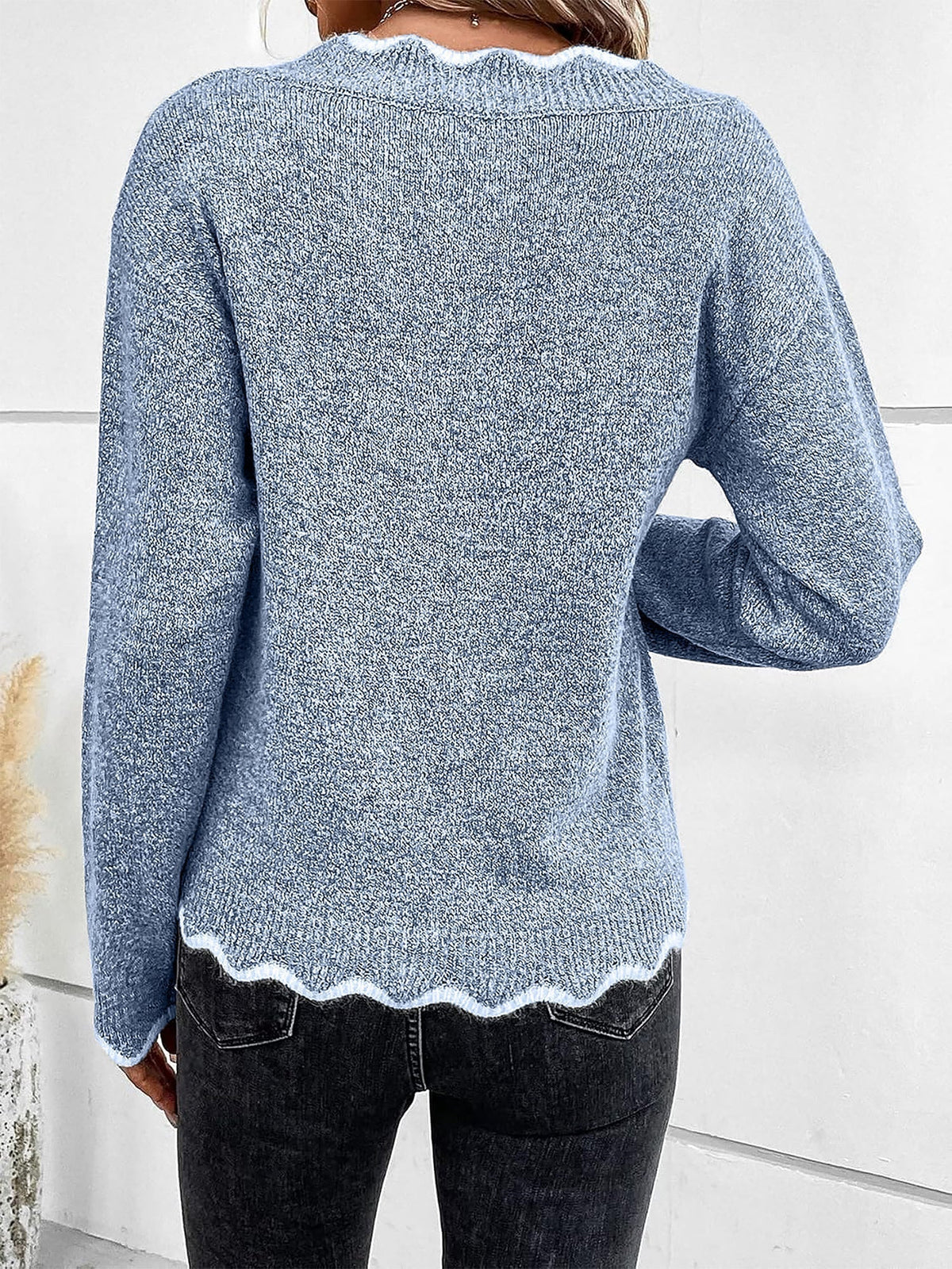 Mina-Eve Scallop Trim V-Neck Sweater