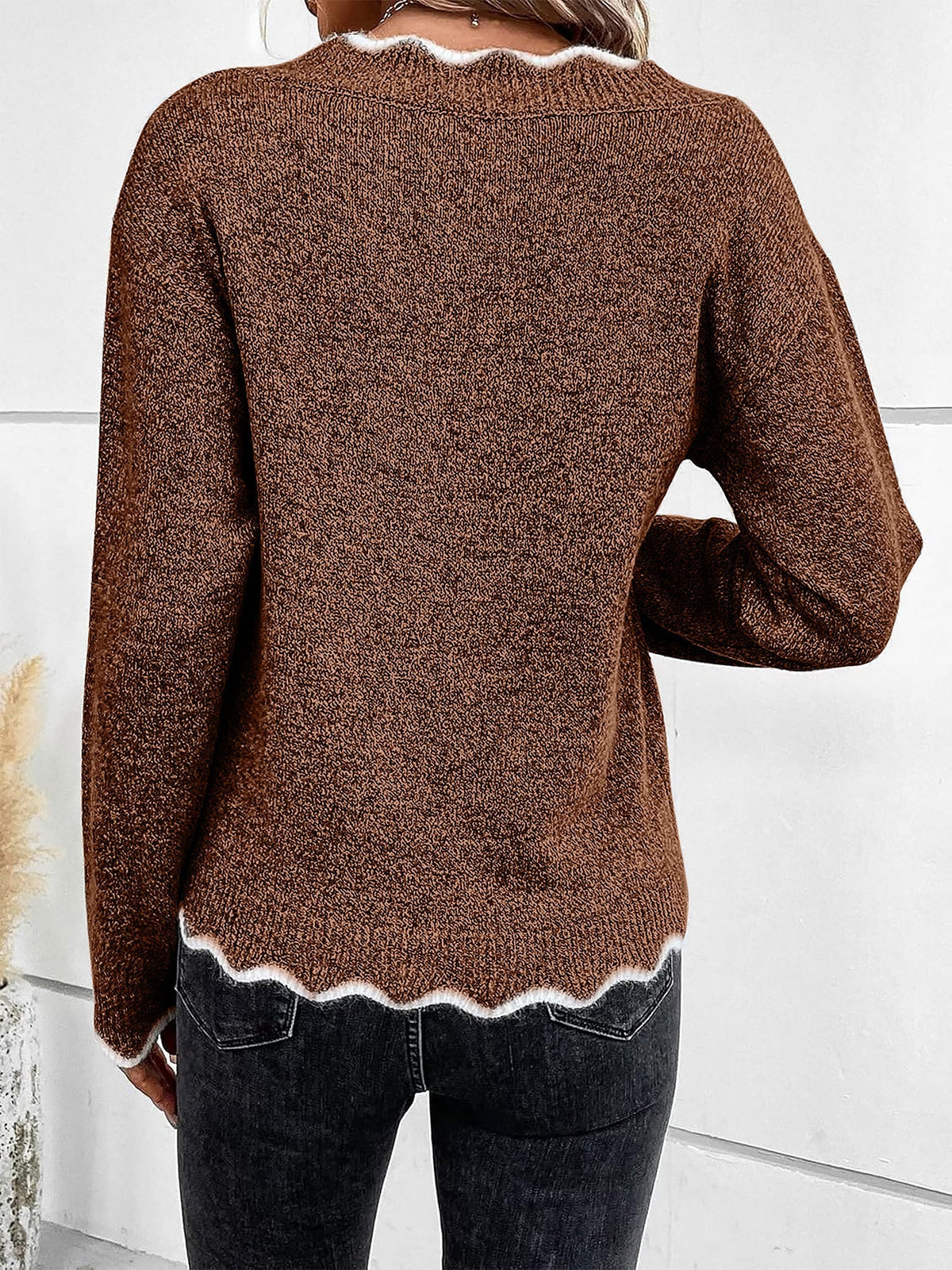 Mina-Eve Scallop Trim V-Neck Sweater