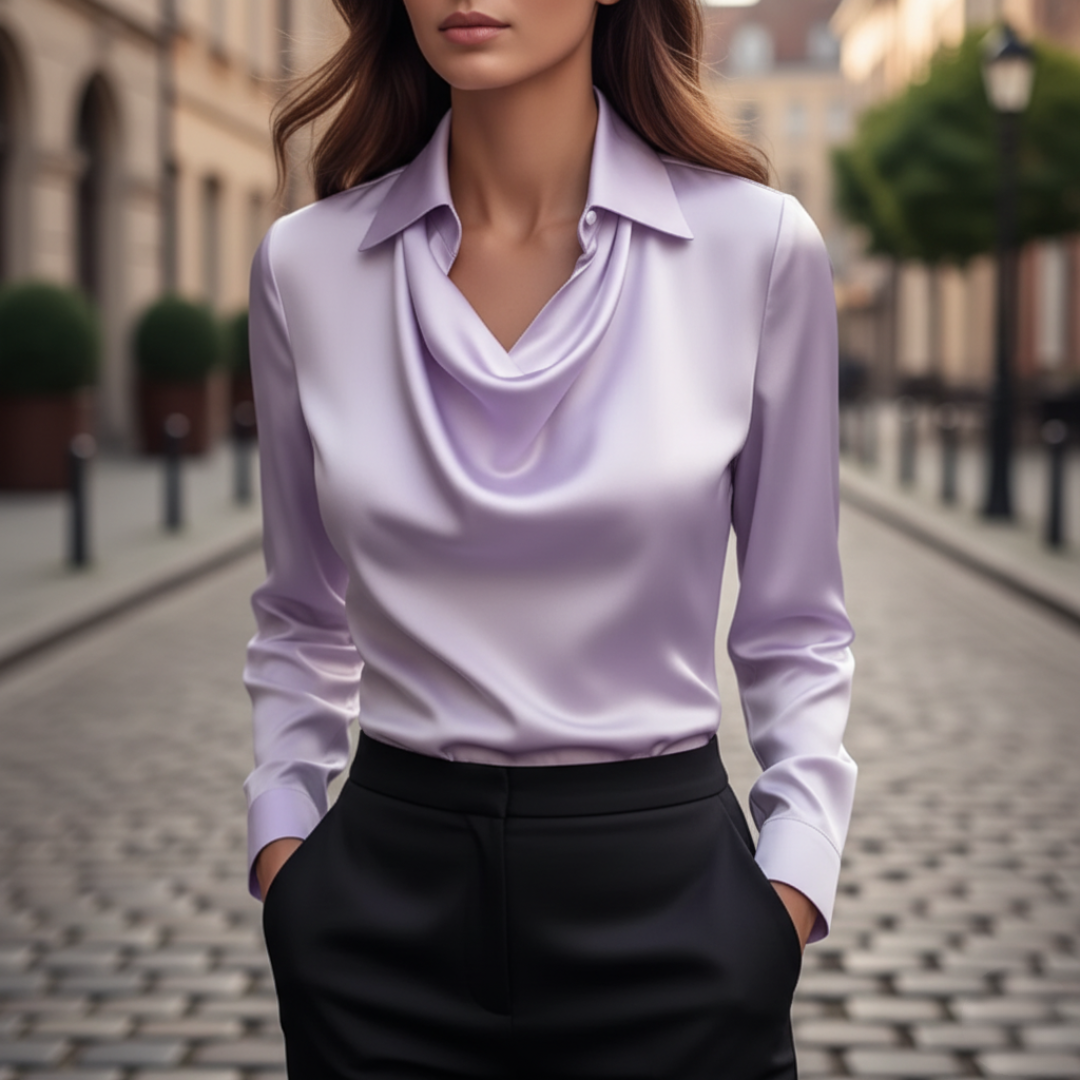 Women's Satin Shirt with Cowl Neck and Long Sleeves