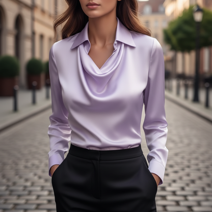 Women's Satin Shirt with Cowl Neck and Long Sleeves