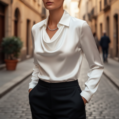 Women's Satin Shirt with Cowl Neck and Long Sleeves