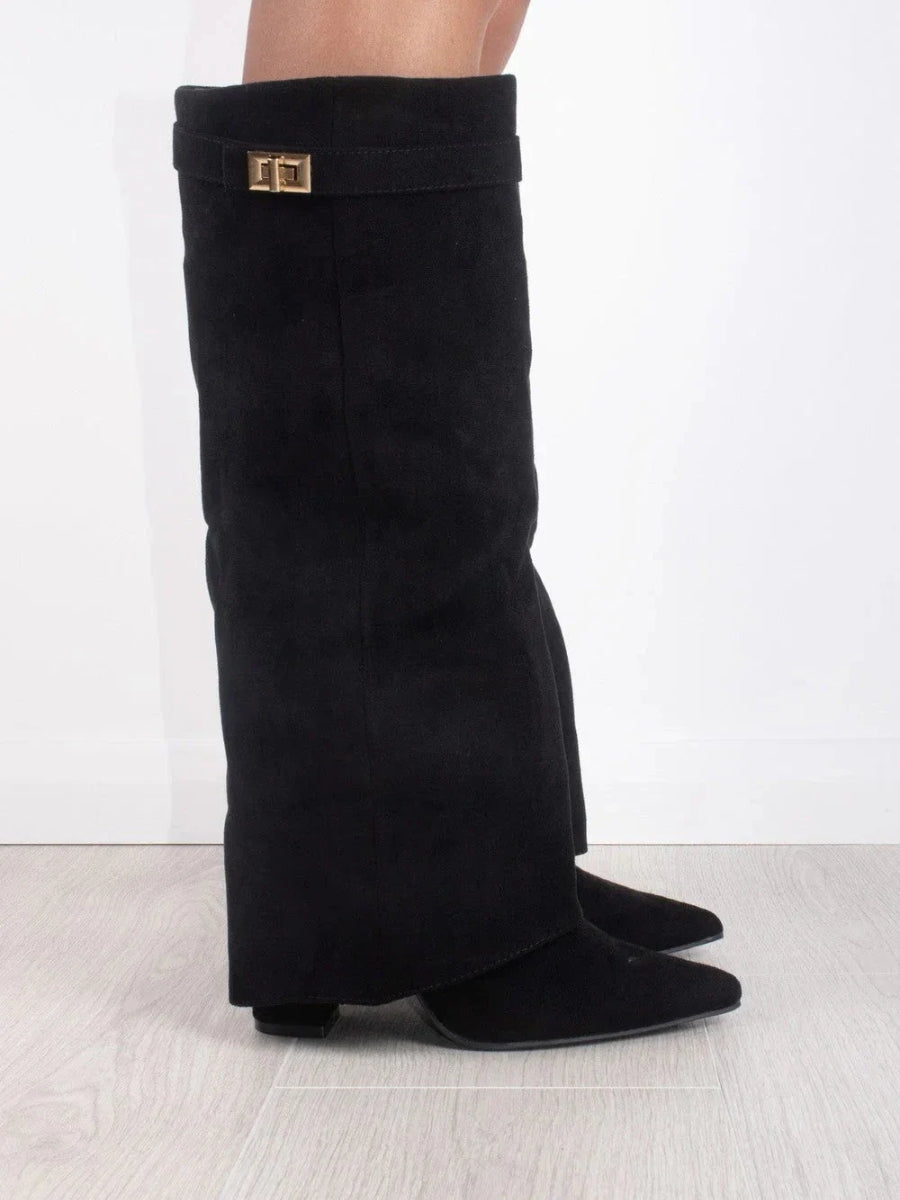 Women’s Faux Suede Fold-Over Boots – Golden Detail