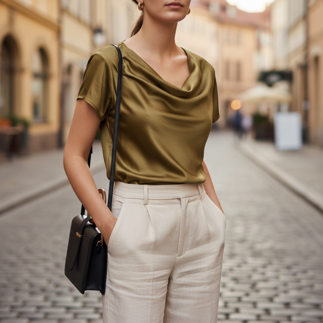 Women's Satin Blouse with Short Sleeves and Cowl Neck