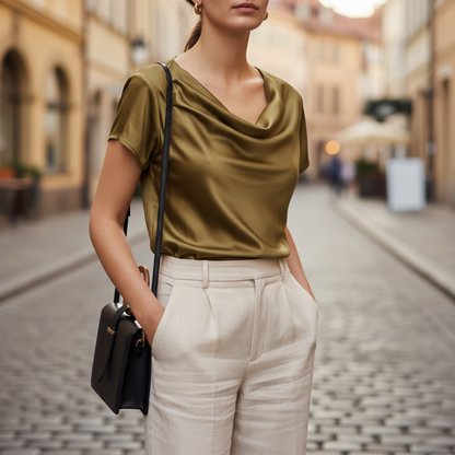 Women's Satin Blouse with Short Sleeves and Cowl Neck