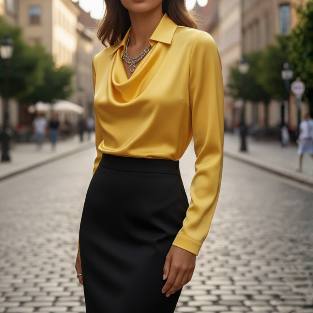 Women's Satin Shirt with Cowl Neck and Long Sleeves